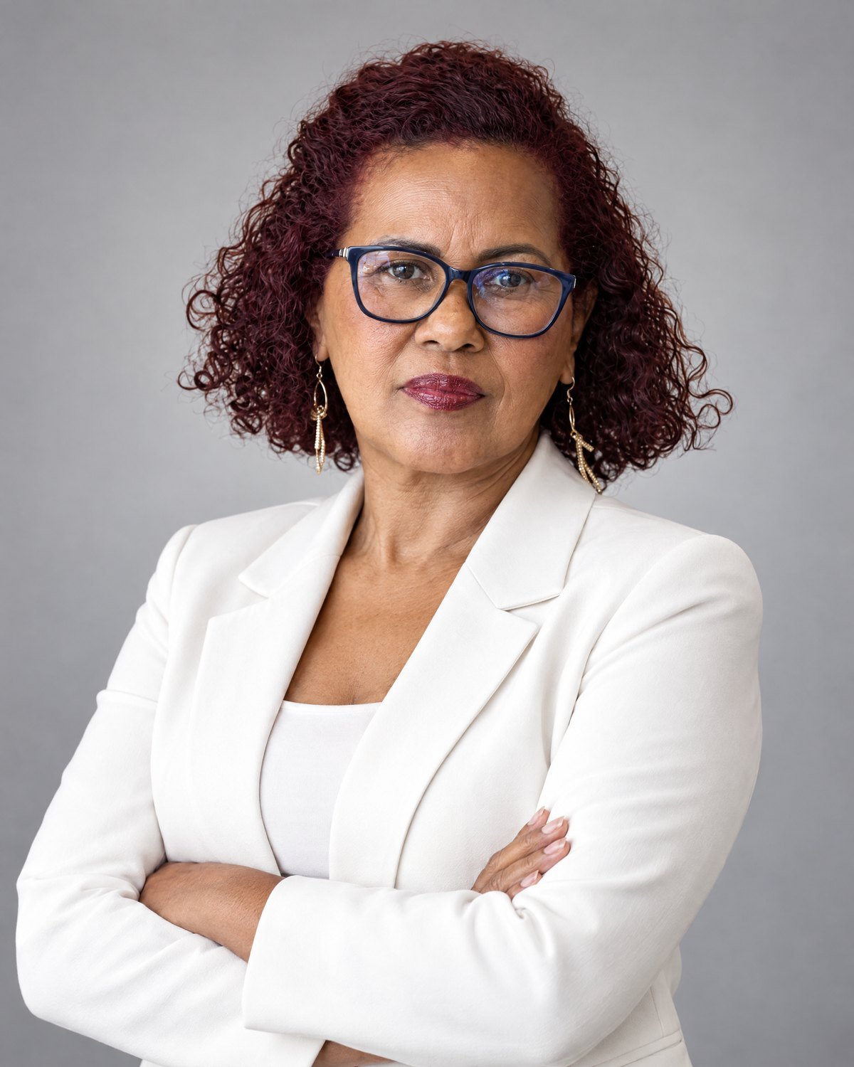 Neuza, profissional de beleza ao domicílio para pessoas idosas, de blazer branco e braços cruzados